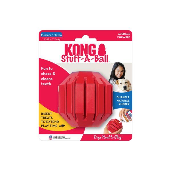 The KONG Stuff-A-Ball helps support your dogs' chewing behavior. Made from the KONG Classic rubber, this ball fulfills instinctual needs to chew while cleaning teeth and gums. KONG ridges turn this toy into a fun treat dispensing challenge. To extend playtime stuff with KONG Snacks and KONG Easy Treat.